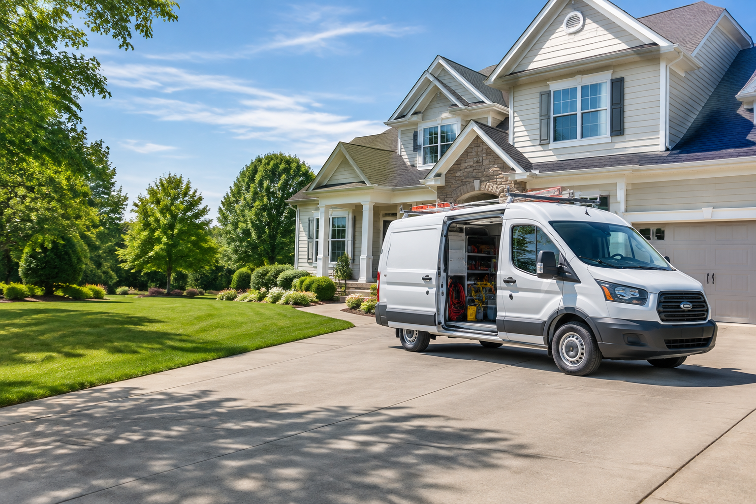 A clearly visible unbranded home-service van parked beside a suburban home in bright daytime