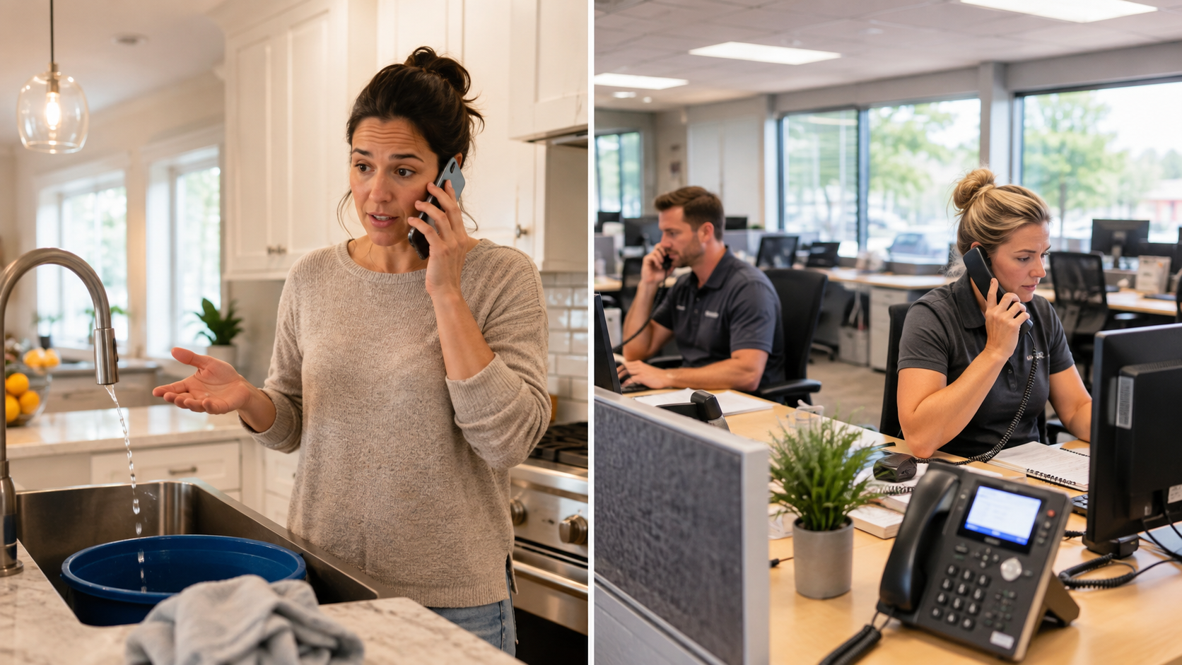 Daytime split scene of a homeowner calling for service and a busy home-service office handling other work