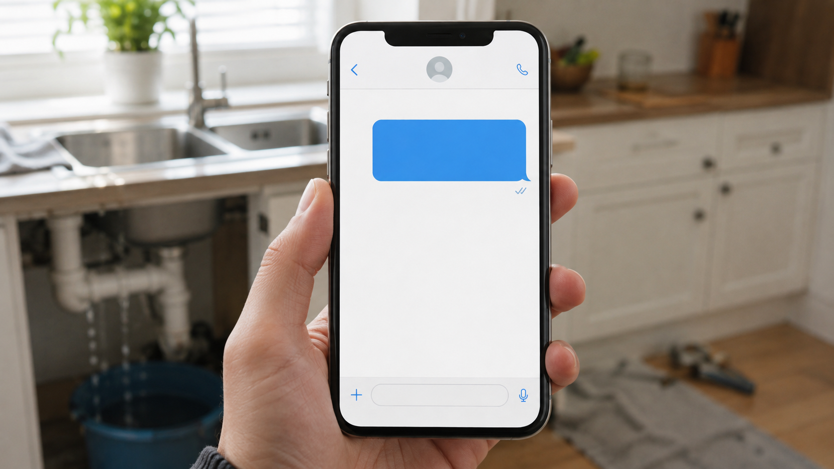Close-up of a homeowner's phone showing an urgent plumbing request that is still waiting for a response