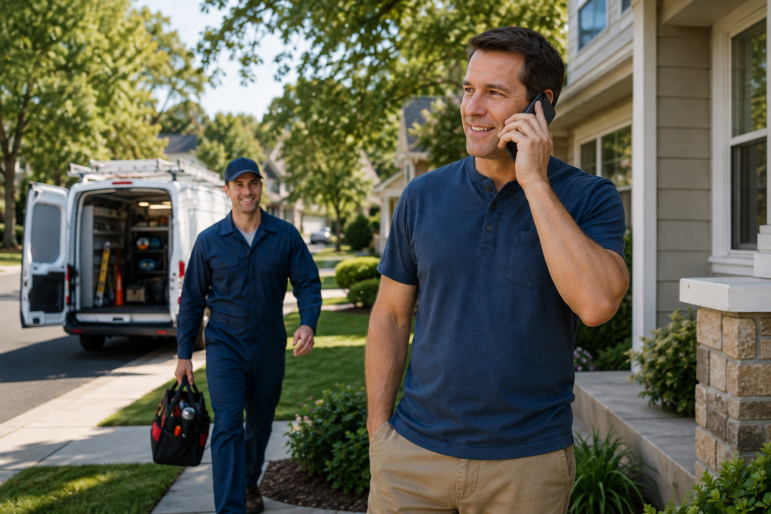 Homeowner on the phone while another home-service technician arrives during the day